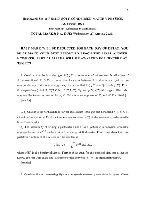 Homework Set 1: PH4110 Soft Condensed Matter Physics, Autumn 2025 - Studocu
