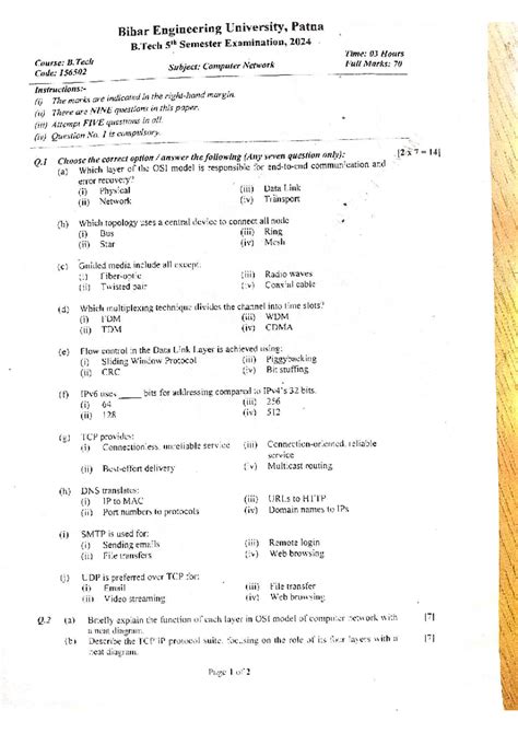 B. Tech 5th Sem Exam 2024: Computer Networks (Code: 156502) - Studocu