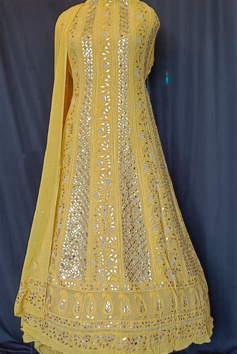 Yellow Chikankari mirror pearl work anarkali with dupatta