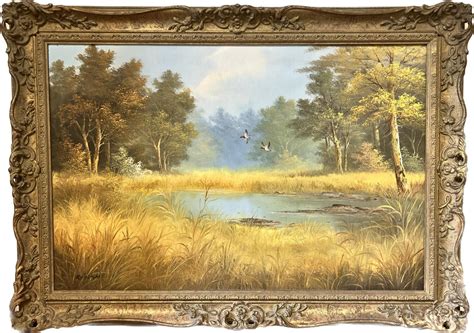 European Artist - Large Traditional Signed Oil Painting Gilt Swept Frame Ducks in Flight over ...