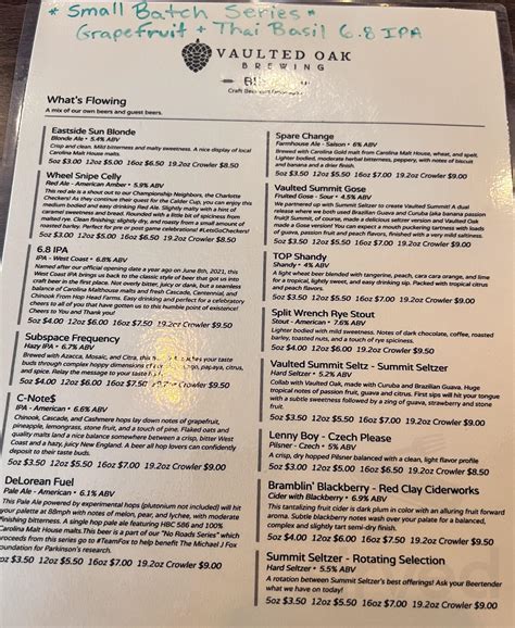 Vaulted Oak Brewing menu in Charlotte, North Carolina, USA