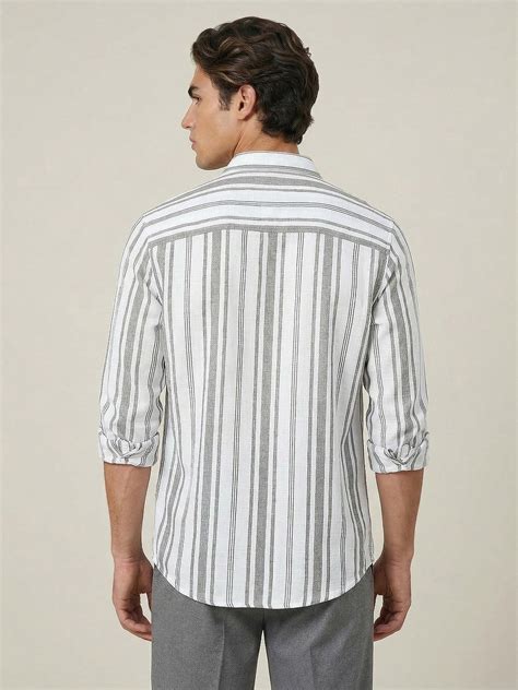 Men's Grey Cotton Full Sleeve Relaxed Fit Linen Striped Shirt with Spr ...