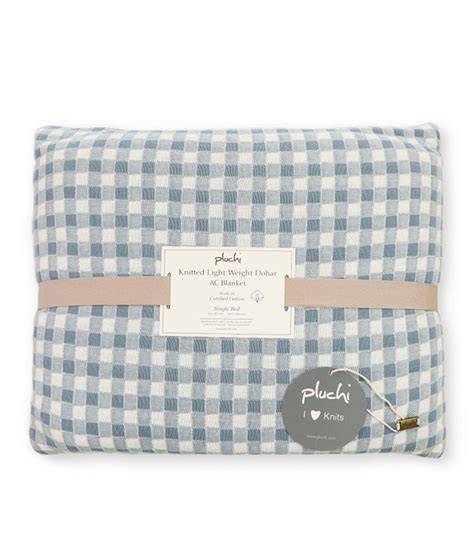 Square Cheque Cadet Blue & Ivory Cotton Knitted Single Bed AC Quilted ...