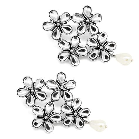 Vamika Floral Polki Silver Oxidized Earrings – Teejh