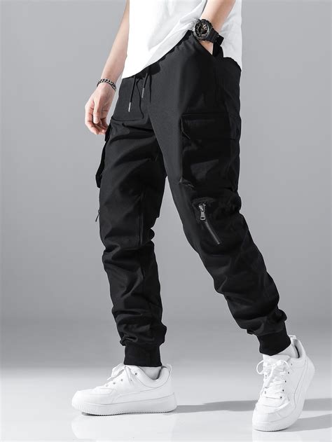Black Street Collar Fabric Plain Cargo Pants Embellished Non-Stretch ...