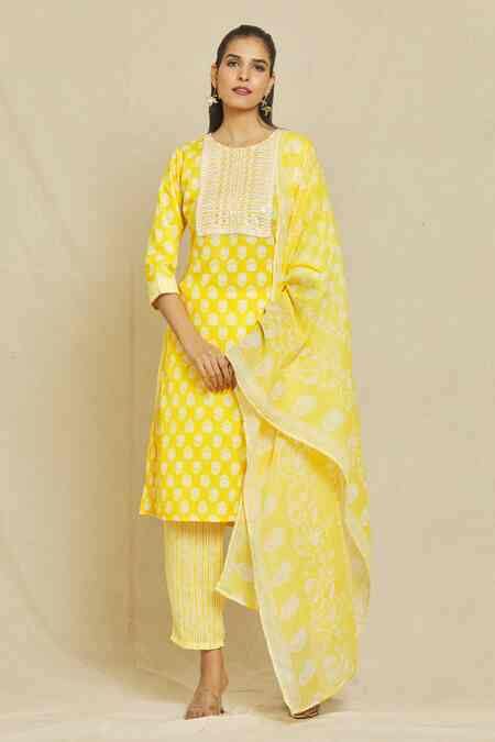 Buy Yellow Cotton, Polyester Embroidery, Sequins, Gota Rose Print Kurta ...