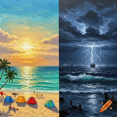 An oil painting split into two halves: left shows a bright sunny beach ...