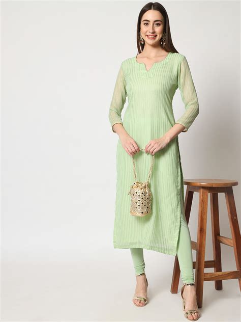 Green Glam Foil Lines Straight Kurti with Churidar – anokherang