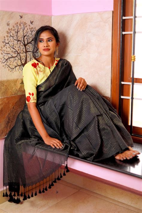 Handloom Mulmul Cotton Saree with Woven Zari Stripes & Tassles, Black ...