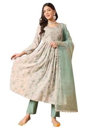 Buy Navlik Women's Cotton Siquinned Embroidered Flared Kurta with Pant ...