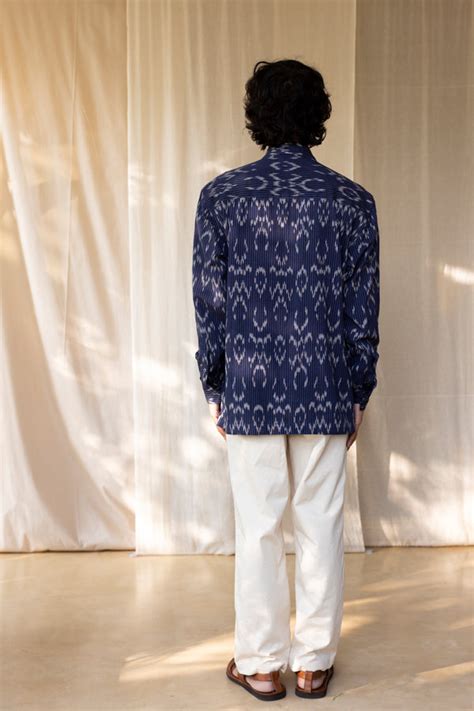 Buy Ikat India, RACING LINES TRUCKER SHIRT- Blue | Handcrafted by Translate