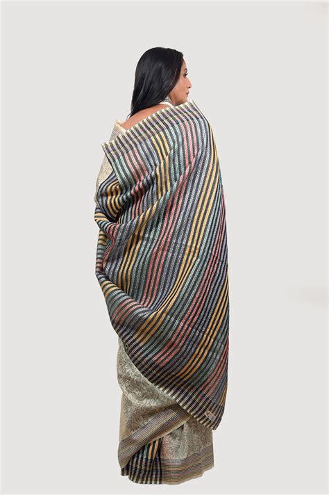 Ivory Colored Kantha Hand Embroidered Pure Tussar Saree – My Store