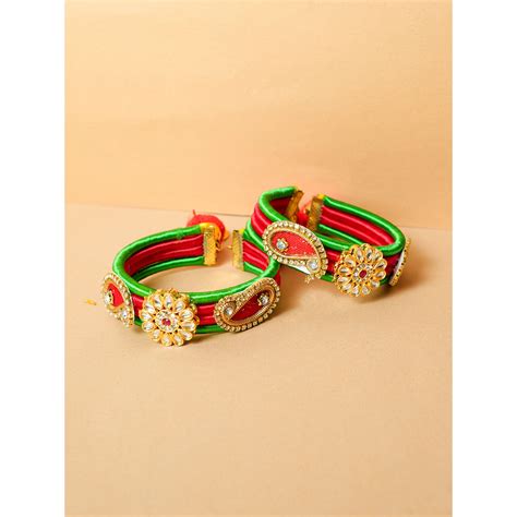 Buy VIRAASI Red Green Kundan Embellished Bangles Online