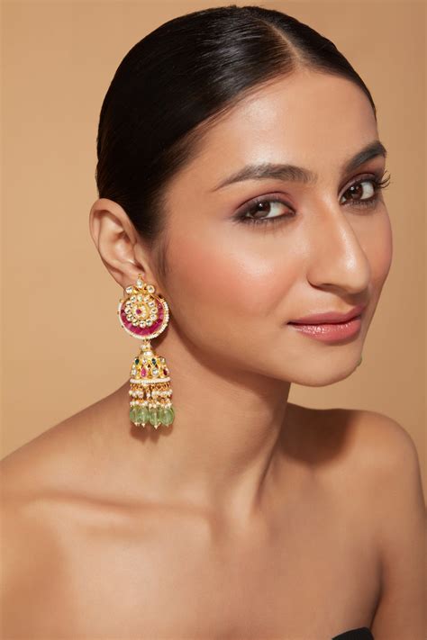 Gold Plated Kundan Studded With Pink Synthetic Stone Green Beads Drop ...