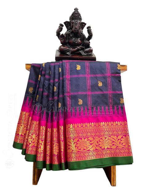 Buy Bridal Big Checks Butta Navy Blue Pure Silk Sarees Online India ...