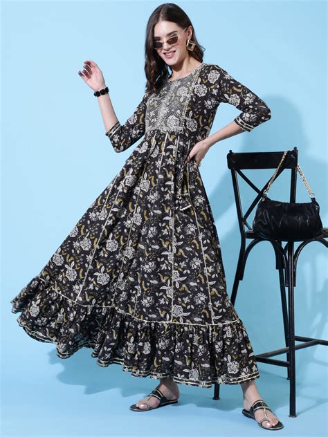 Rayon Embroidered Ankle Length Flared 3/4 Sleeve Round Neck Kurta ...