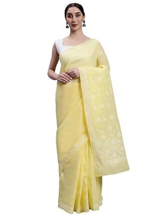 Buy Seva Chikan Hand Embroidered Lucknowi Chikankari Yellow Terivoil ...