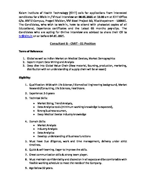 Consultant B - CMIT - KIHT - KALAM INSTITUTE OF HEALTH TECHNOLOGY