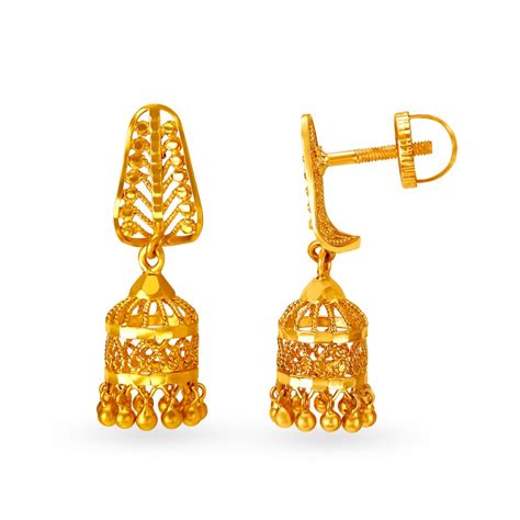 Decorated 22 Karat Yellow Gold Filigree Jhumkas