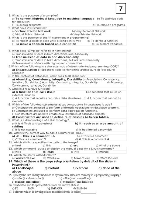 Set 7 - 1. What is the purpose of a compiler? a) To convert high-level ...