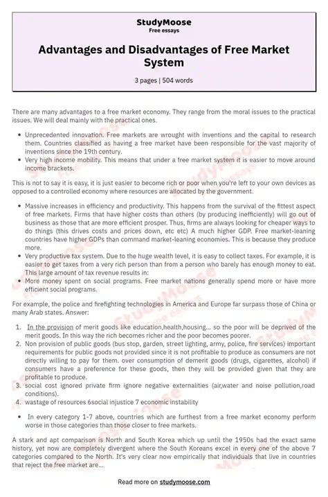 Advantages and Disadvantages of Free Market System Free Essay Example