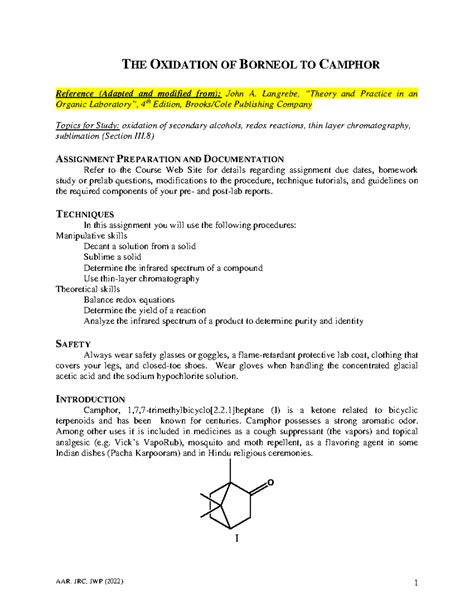 Procedure for Oxidation of Borneol to Camphor - THE OXIDATION OF BORNEOL TO CAMPHOR Reference (A ...