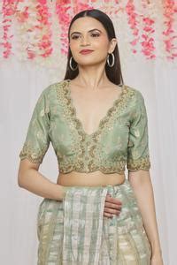 Buy Green Pure Tissue Zari Embroidered Floral Plunge V Neck Blouse For ...