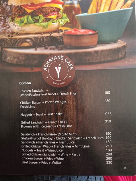 Menu at Achayan’s Cafe, Changanassery