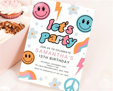 Buy Editable Smiley Face Birthday Invitation, Retro Boy Birthday Party ...