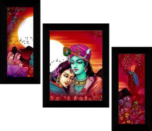 Radha Krishna Framed Set of 3 Ink 13.5 inch x 22.5 inch Painting Paper ...