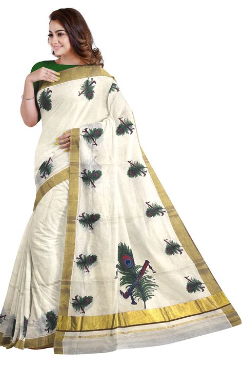 Kerala Pure Cotton Kasavu Saree with Mural Flute and Feather Printed a ...