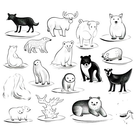 Black And White Arctic Animals Polar Bear Seal Walrus Owl Penguins Fox ...