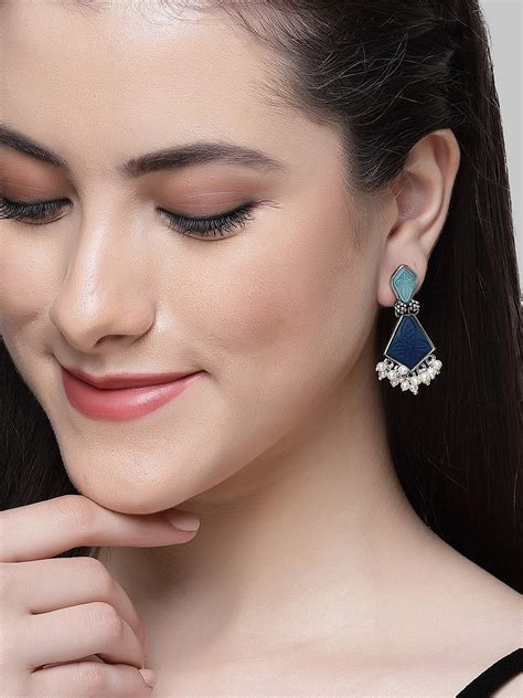 KARATCART Silver Plated Carved Stone Drop Blue Earrings for Women