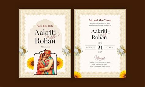 Traditional royal wedding invitation card design with bride and groom ...
