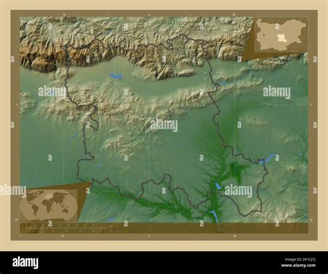 Stara Zagora, province of Bulgaria. Colored elevation map with lakes and rivers. Corner ...