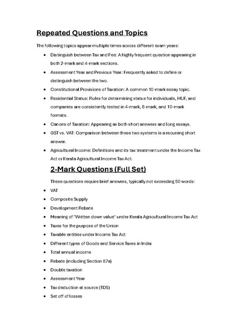 Repeated Questions and Topics for Taxation (Course Code: TAX101) - Studocu