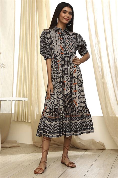 Buy Black and Beige Cotton Printed Tiered Dress Online at Biba India