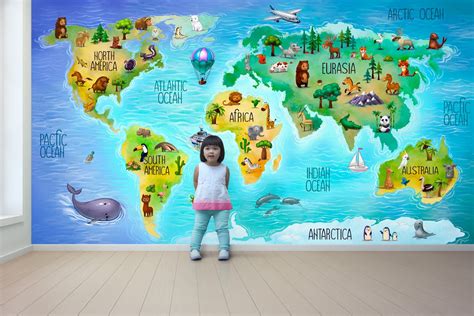 Children World Map Bright Colours Wallpaper – Home Decoram