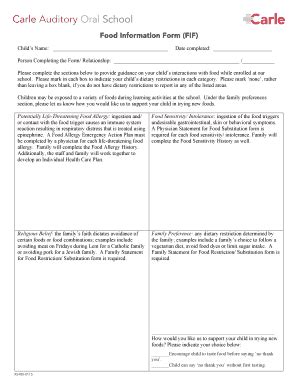 Fillable Online carleschool Food Information Form (FIF) - carleschool ...