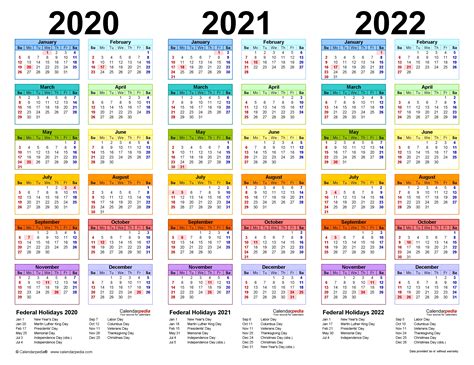 2020 2021 2022 2023 Calendar Printable One Page Calendar With Three ...