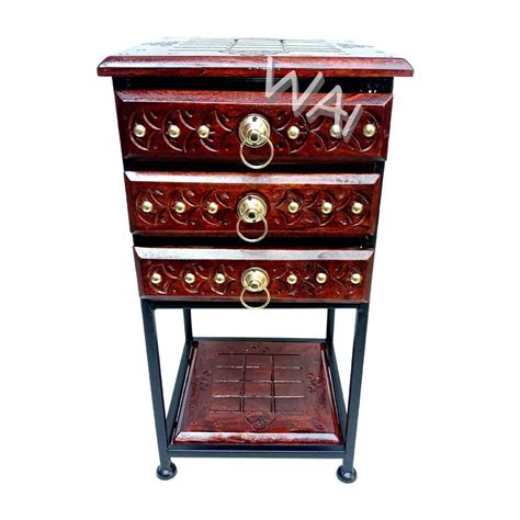 WAI Natural Wooden Bedside Table with Three Drawers Storage and Pot ...