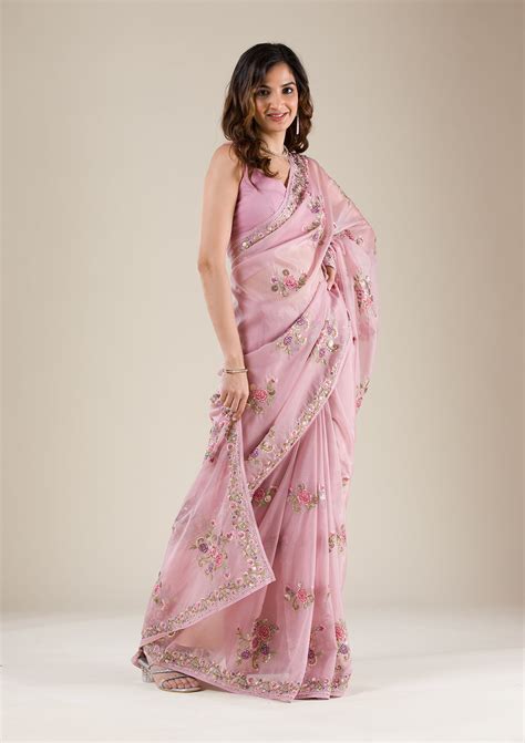 Buy Onion Pink Threadwork Organza Saree - Koskii