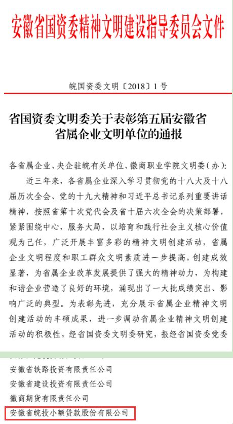 皖投小贷公司荣获第五届“安徽省省属企业文明单位”称号