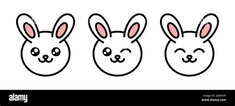 Cute white rabbit face set. Bunny emoticon smiling and winking. Kawaii ...