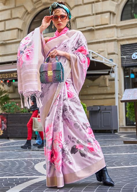 Lavender Purple Digital Floral Printed Silk Saree