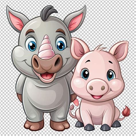 Cute cartoon rhinoceros and pig on transparent background | Premium AI ...