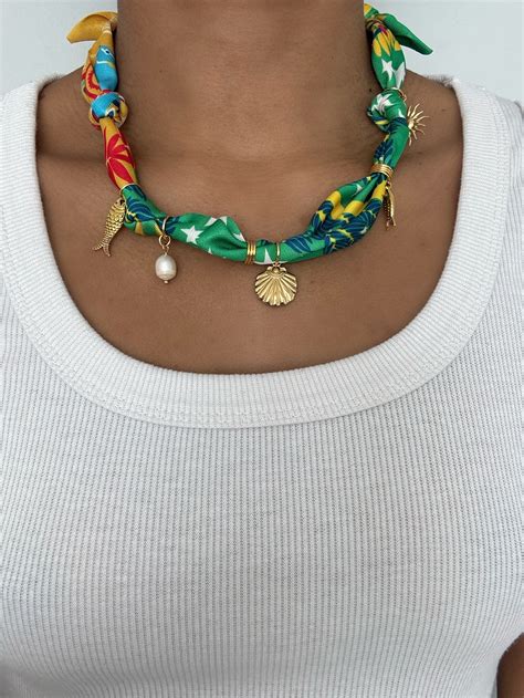 Bandana Scarf Necklace With Charms, Fish Charm, Natural Pearl, Sun and ...