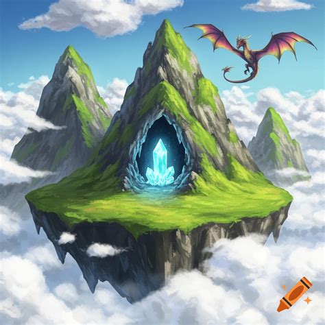 Floating island with a cave, glowing blue crystal, and dragon on Craiyon
