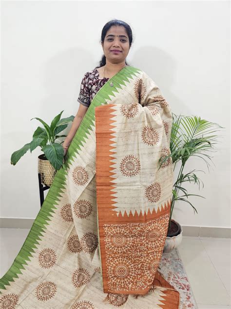 Semi Tussar with Striped Zari Weaving Saree- Green with Orange – Looms ...