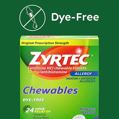 Zyrtec 24-Hour Allergy Relief Chewable Tablets - 10mg Cetirizine HCl - Dye-Free - 24 CT | Buy ...